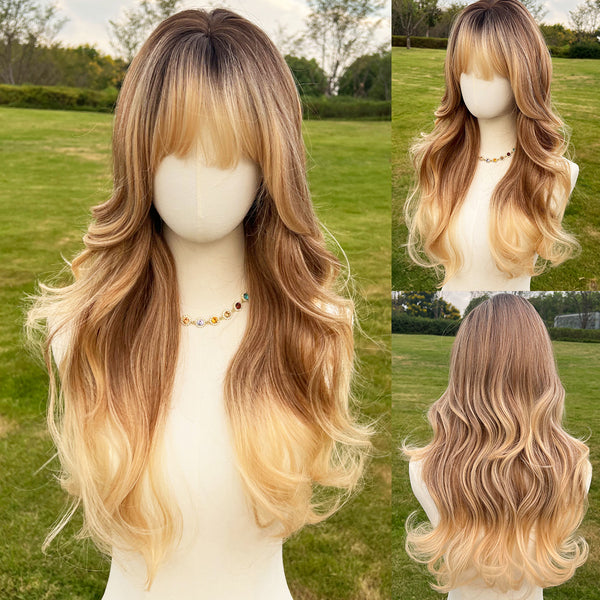 SMILCO/22Inch Ombre Gold Synthetic Curly Wig/Highlight With Bangs/SM387