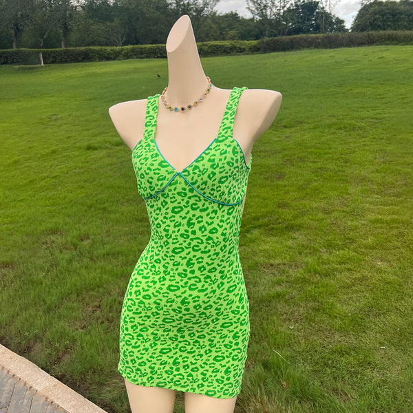 SMILCO/Green Leopard Print V-Neck Bodycon Halter Dress [SS240025]
