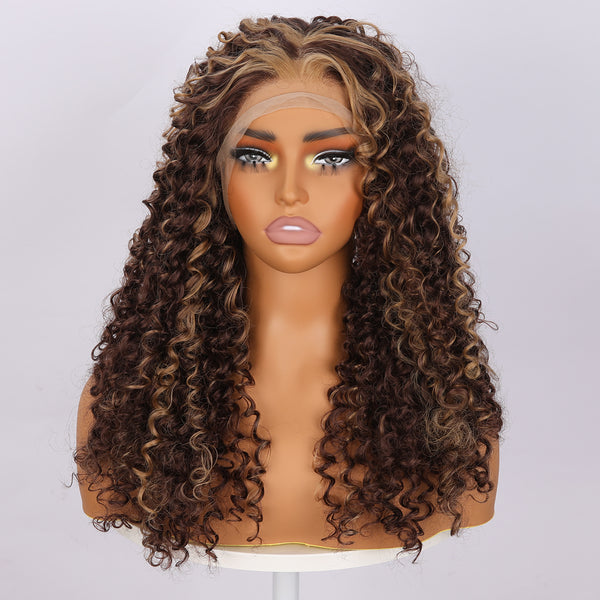 Smilco/18 Inches | Brown  Highlight | Daily Style | Curly  Hair without Bangs| Synthetic Lace Front | 13*4 Lace Front | SM9607