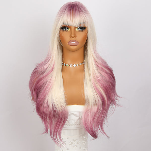 SMILCO/28Inch Pink platinum highlights with Bangs Long Hair/Synthetic Wig/SM393