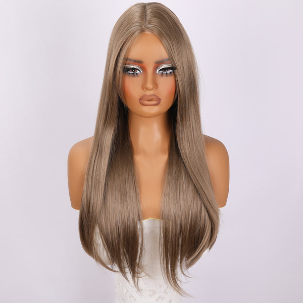 Smilco Flax Brown Straight Wig – 1.5*6CM  Small Lace Front, 28 Inch/SM024
