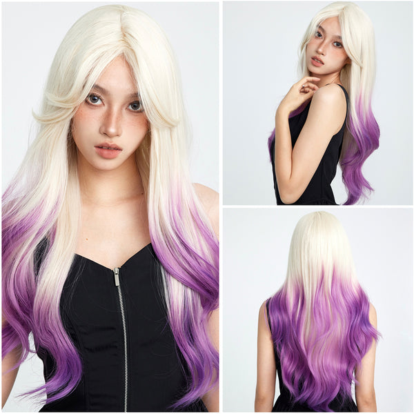 SMILCO/28-inch |Gradient Purple Blonde Wavy Middle Parted Bangs Synthetic Wig| SM1030-2