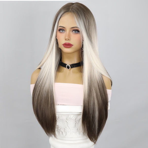SMILCO/Top Button Ombre Brown Blonde | 26 inch | Staight Long Middle Part | 0.5x6 Small Lace Front Wig| SM1659A
