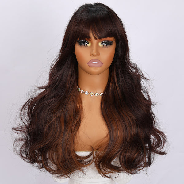 SMILCO/22Inch Ombre Black Brown Synthetic Curly Wig/Highlight With Bangs/SM389