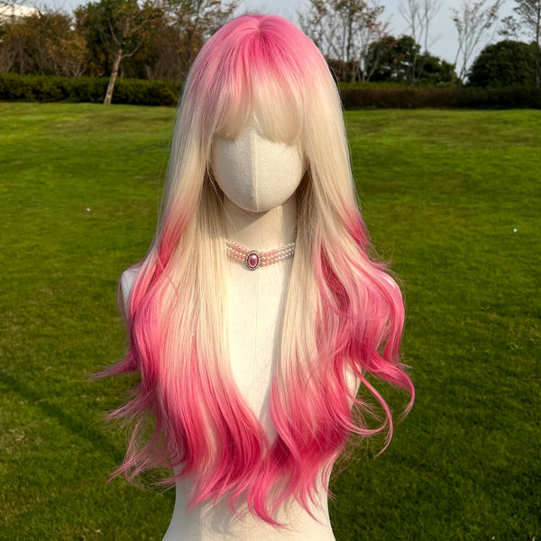 26-inch |Top And Button Ombre Pink Blonde Bodywave with Bangs Wig| SM262