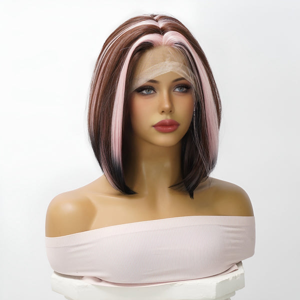 SMILCO/12-inch | Brown And Pink Highlights T part Lace Front Wigs 13x6x1 | SM9138
