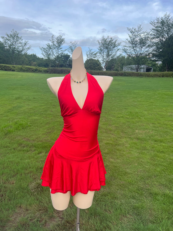 SMILCO/Red Halter Neck V-neck Tight Backless Suspender Dress[SS240036]