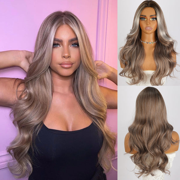 SMILCO/24Inch Highlight Brown Platinum Synthetic Wig/Long Curly Hair/Wigs For Halloween/SM381