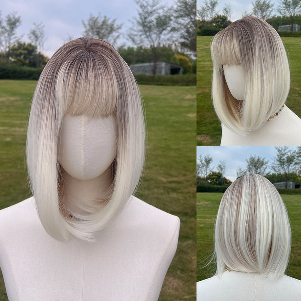 SMILCO/14Inch Brown Ash Platinum Ombre Short with Bnags/Synthetic Wig/SM394