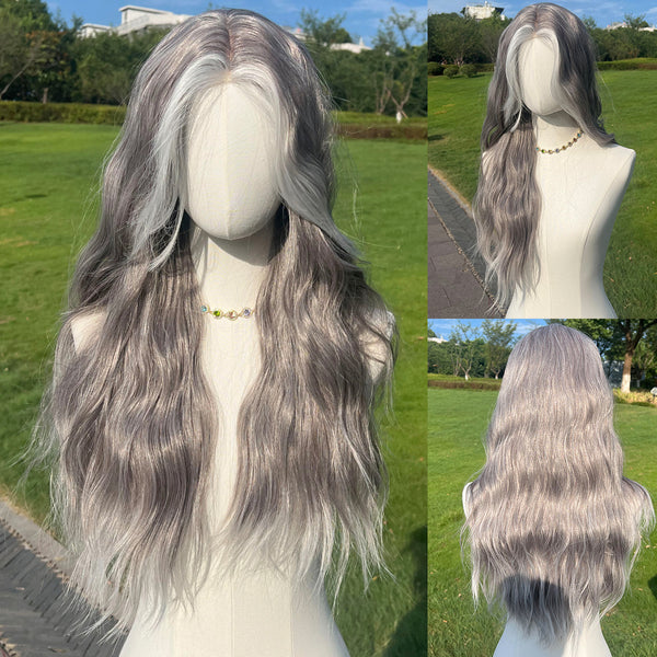 Smilco Grey Highlight Curly Wig – 1.5*6CM Small Lace Front, 26 Inch/SM004