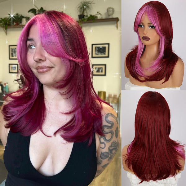 SMILCO/99J Red Pink Highlights|Wavy Hair | Synthetic Wig | 20inch |SM377