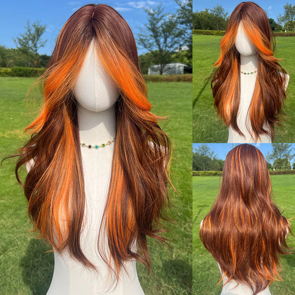 SMILCO/24-inch |Brown Orange Highlight | Wavy Middle Part Hair For Women |  Synthetic Full Machine Wigs  | SM5029