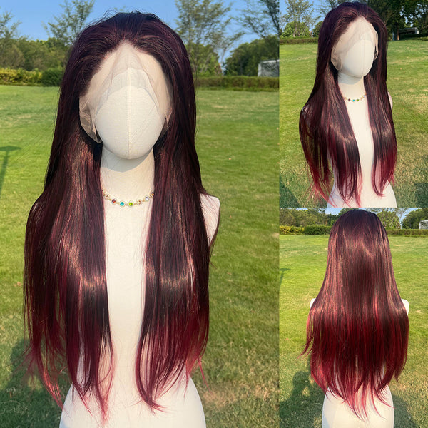 SMILCO/28-inch | Futura Ombre Cherry Red Highlight Straight Full Lace,360 Lace Front Wig  | SM9834