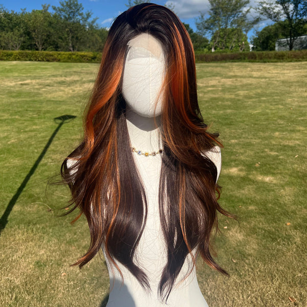 Smilco Brown Gigner Orange Highlight Body Wavy Wig – 0.5*6CM  Small Lace Front/Wigs For Halloween/22 Inch/SM1675