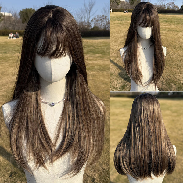 SMILCO/26-inch | Brown Highlight Straight Hair with Bangs Wig/SM405